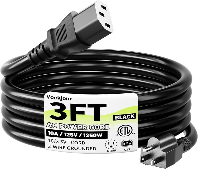 Vockjour كابل طاقة AC ثلاثي الشوكات 3 أقدام 10 أمبير 125 فولت 18AWG، NEMA 5-15P إلى C13، كابل طاقة أسود لجهاز التلفاز، الكمبيوتر، الشاشة، الطابعة، بلاي ستيشن، HP، ديل، لينوفو، أبل، أسوس - مدرج في ETL - Image 1